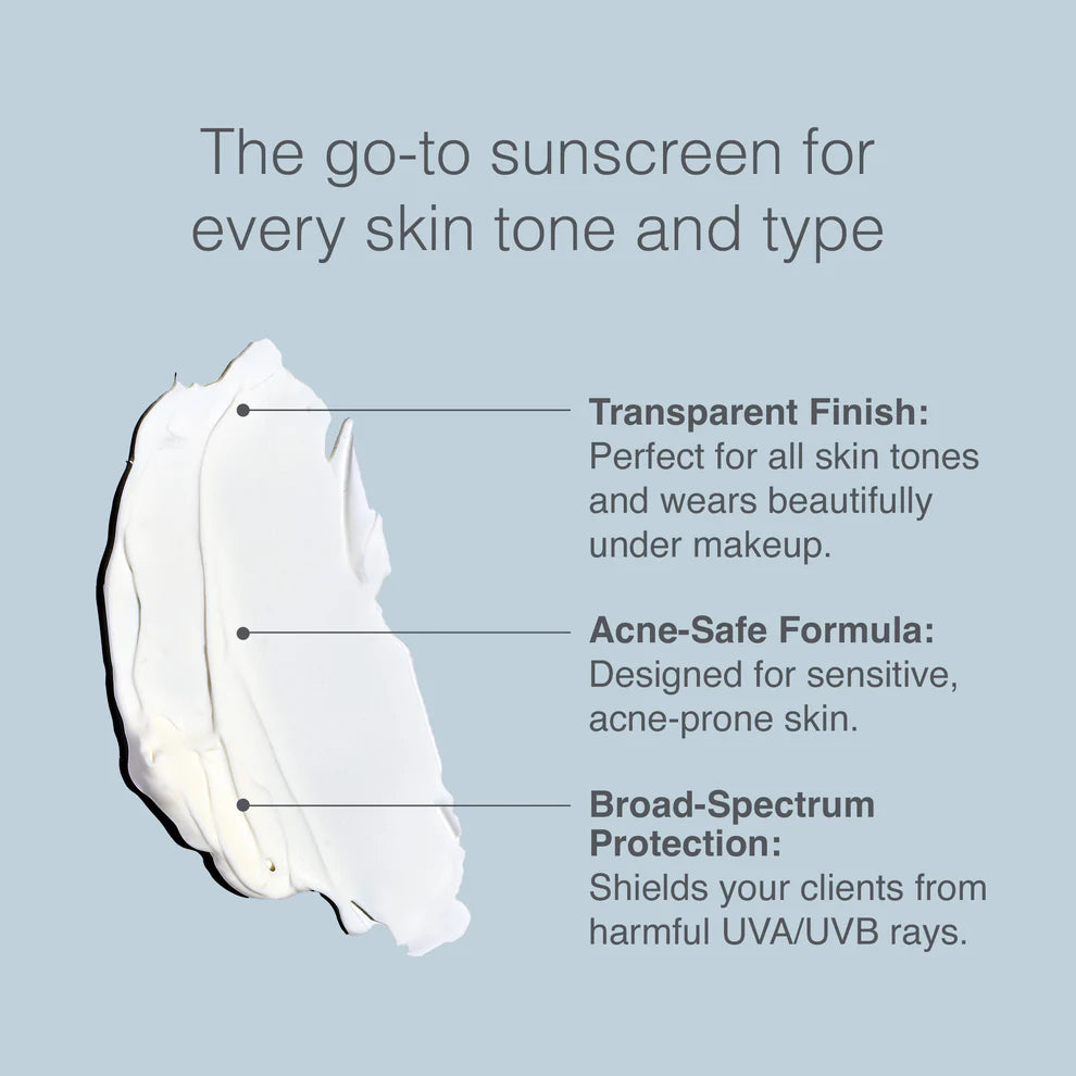 Sunscreen product with features listed on a light blue background
