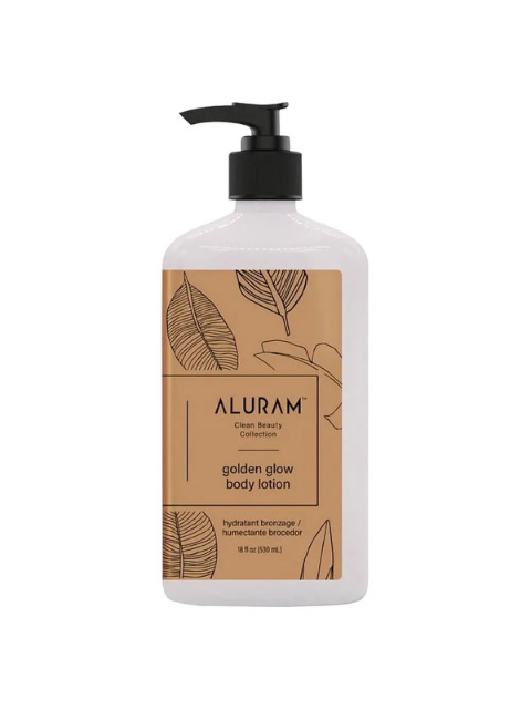 Aluram golden glow body lotion bottle on a white background