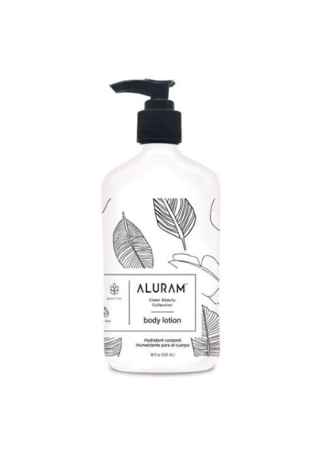 Aluram body lotion bottle with pump on a white background