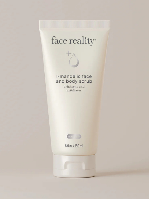 Tube of 'face reality' i-mandelic face and body scrub on a neutral background