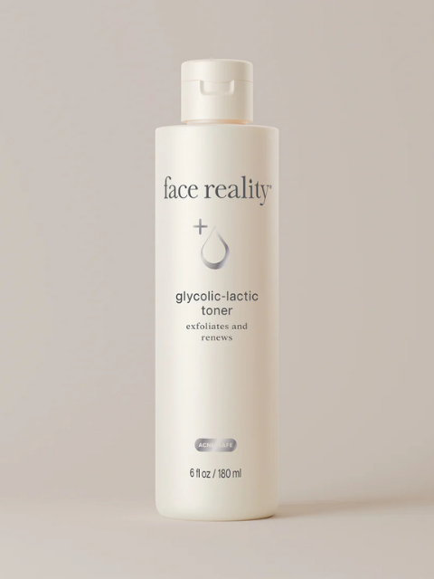 Bottle of face reality glycolic-lactic toner on a neutral background