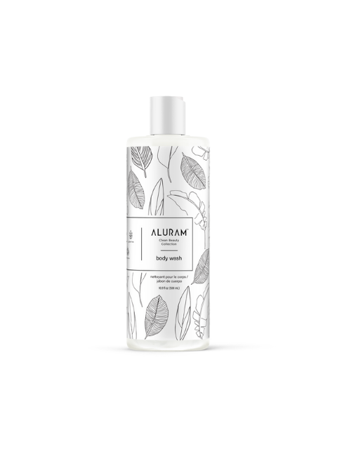 Aluram body wash bottle with leaf design on a white background
